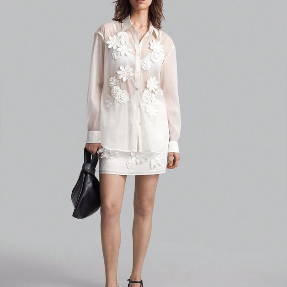 Women's Floral 3d Embellished Long Sleeve Blouse white - Picture 4 of 9